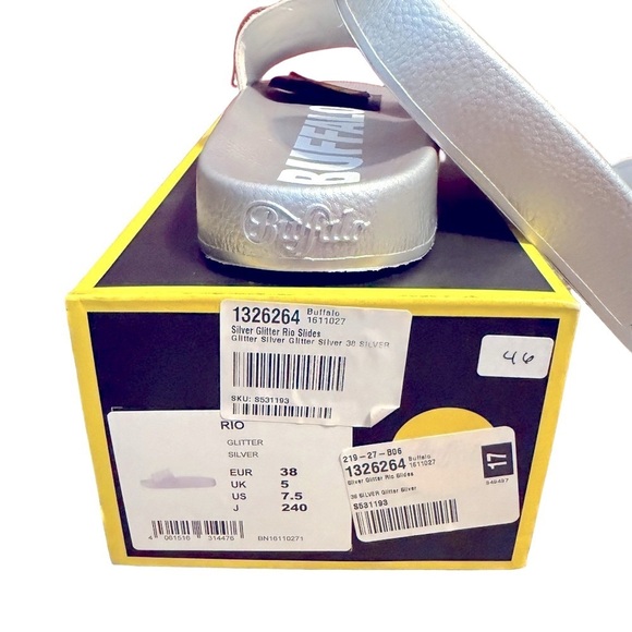 Buffalo London Silver Glitter Rio Slides Metallic Logo Strap Sandals 38 / 7.5 - Picture 6 of 8